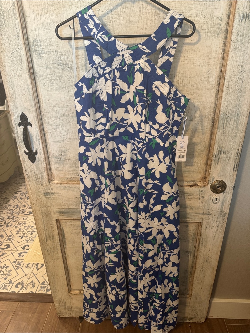 Floral Sleeveless Cross-Back Maxi/midi dress- Blue & White